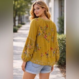 Johnny Was Workshop Embroidered Boho Peasant Blouse Womens Medium Mustard